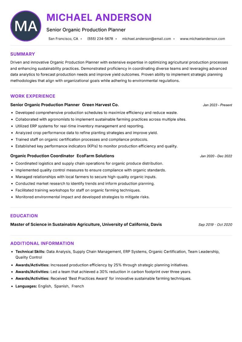 Organic Production Planner resume example — ATS-friendly template