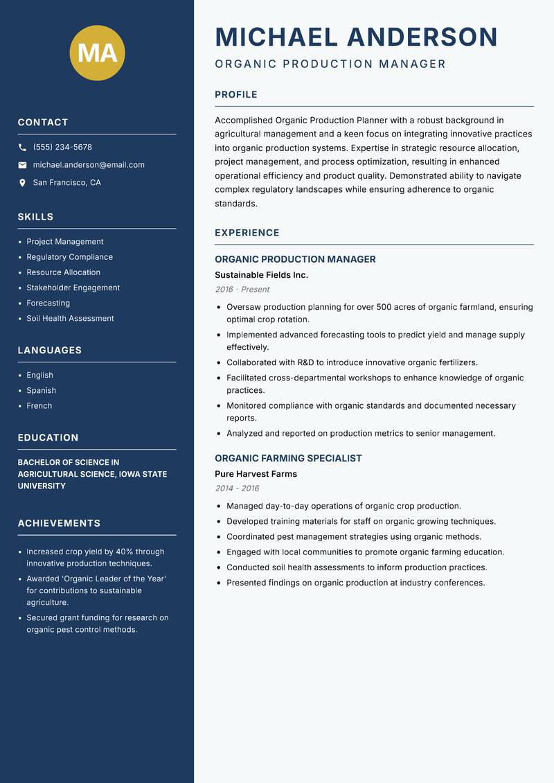 Organic Production Planner resume template — Classic Clean