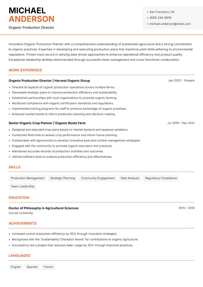 Organic Production Planner resume template — Modern Professional