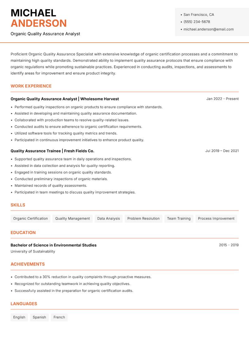 Organic Quality Assurance Specialist resume template — Modern Professional