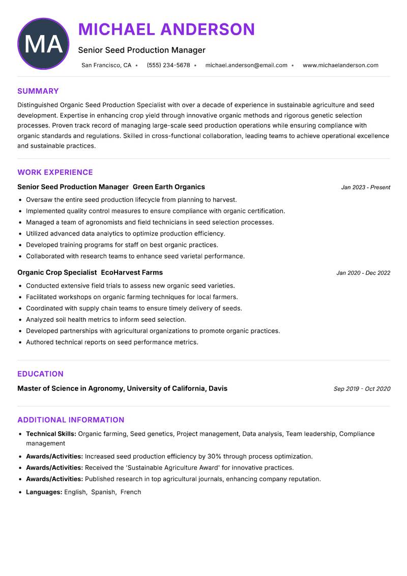 Organic Seed Production Specialist resume example — ATS-friendly template