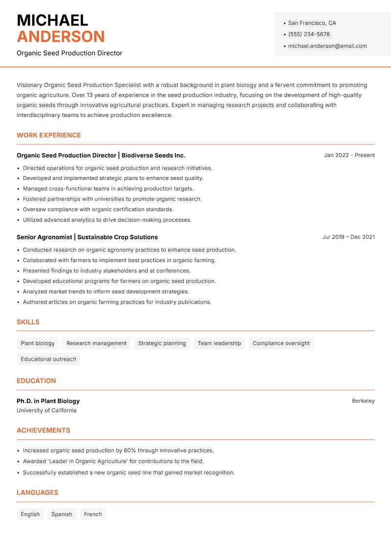 Organic Seed Production Specialist resume template — Modern Professional
