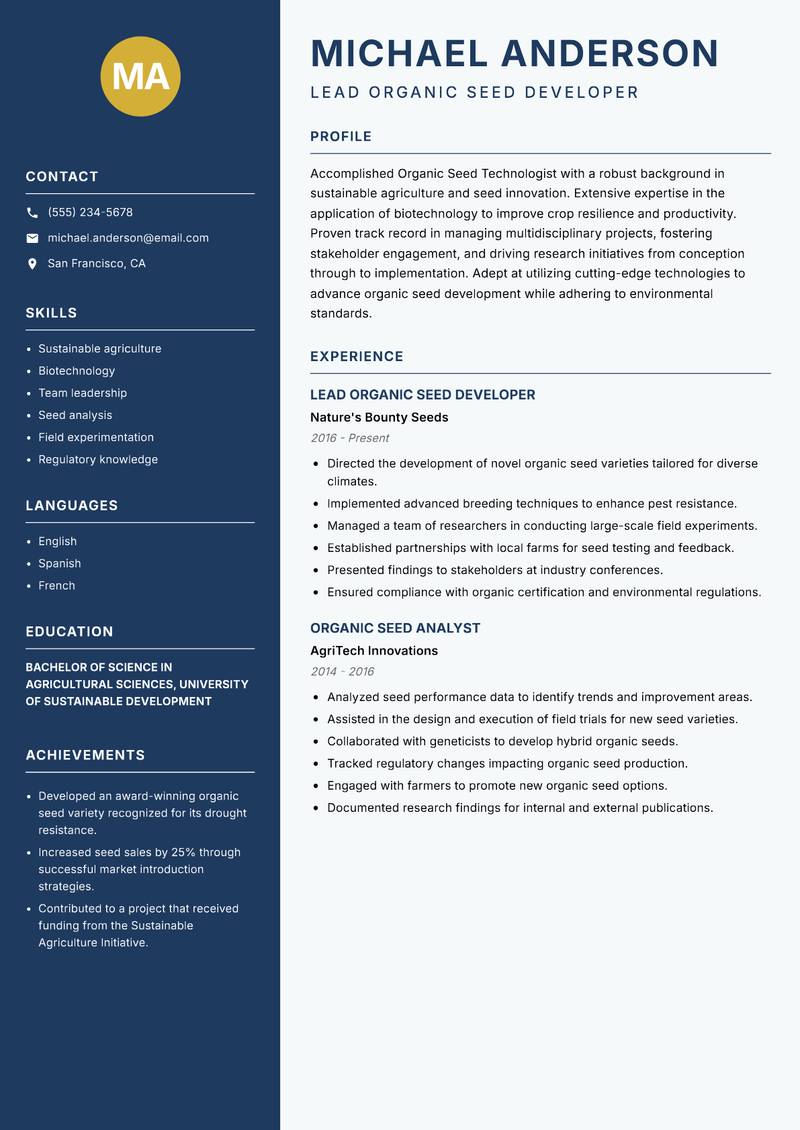 Organic Seed Technologist resume template — Classic Clean