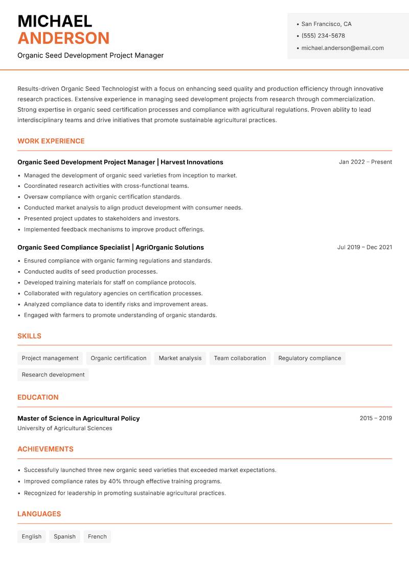 Organic Seed Technologist resume template — Modern Professional