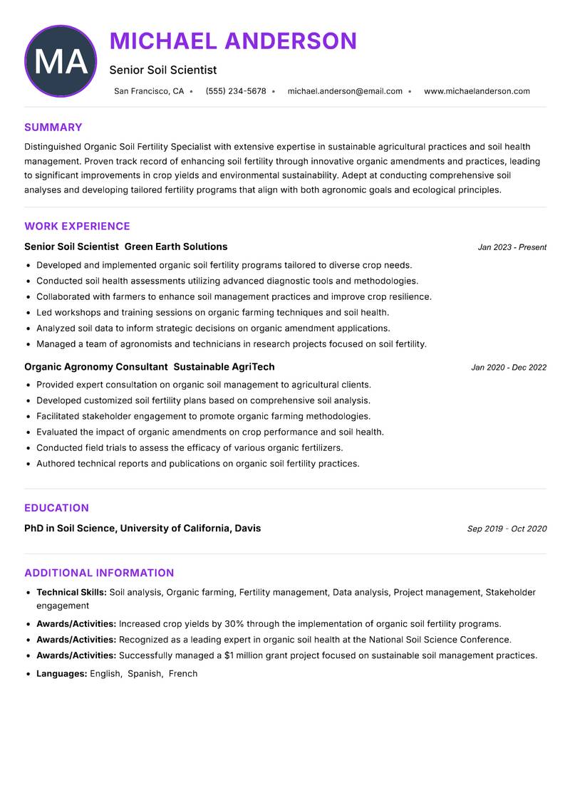 Organic Soil Fertility Specialist resume example — ATS-friendly template