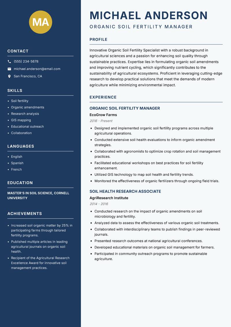 Organic Soil Fertility Specialist resume template — Classic Clean