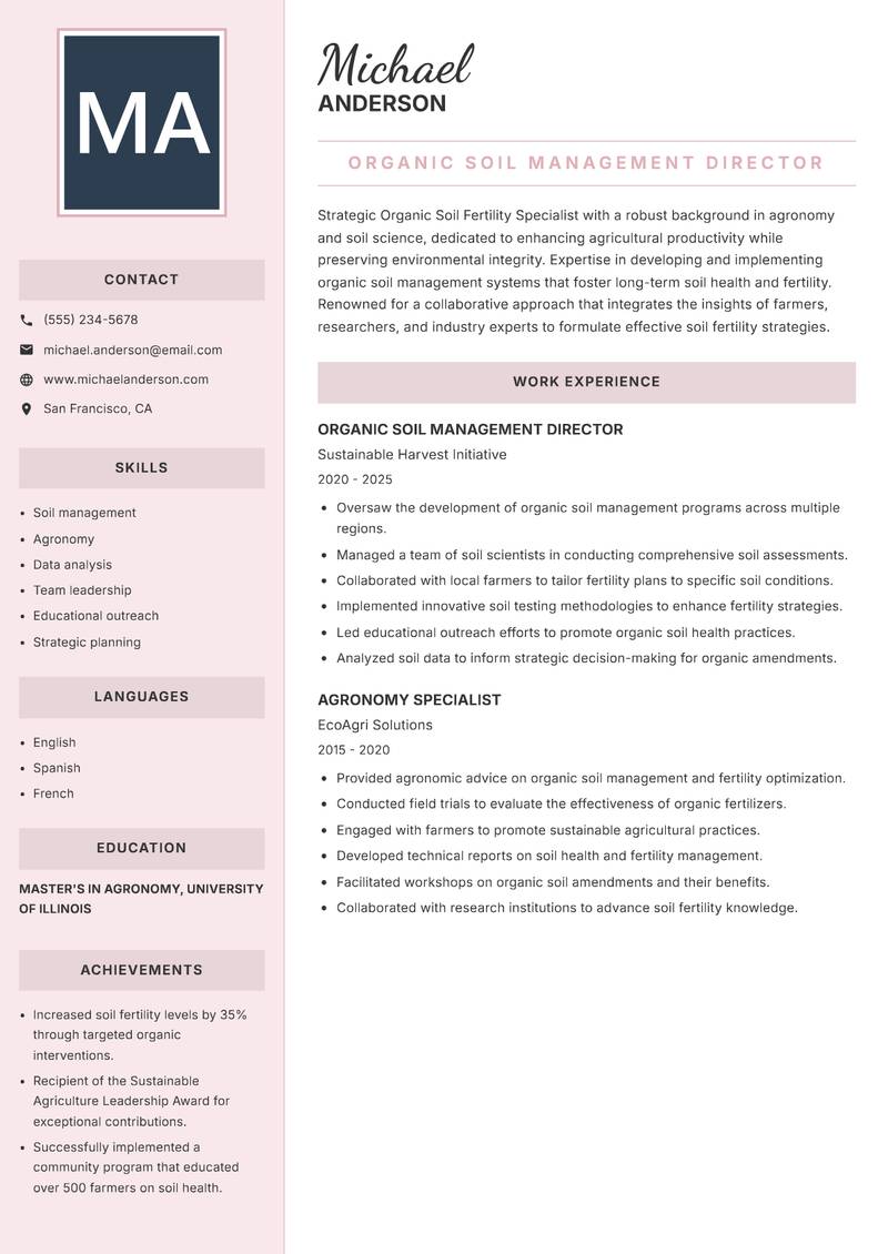 Organic Soil Fertility Specialist resume template — Executive