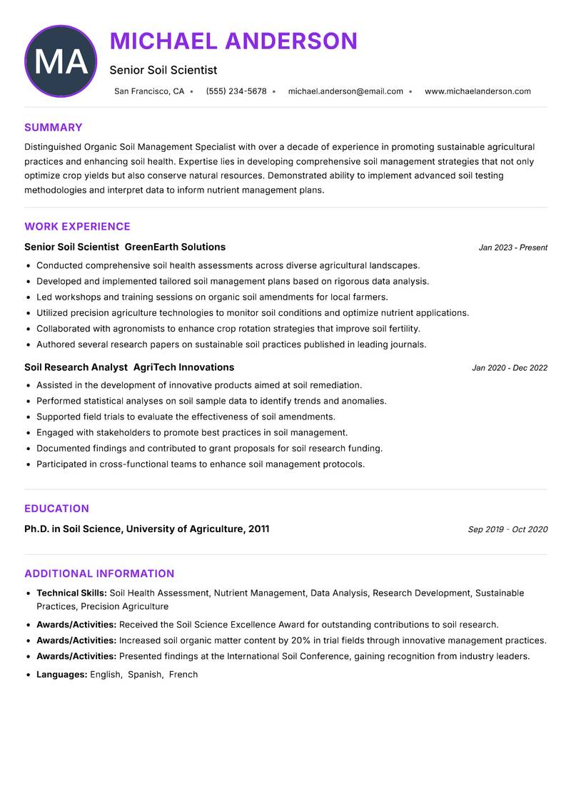 Organic Soil Management Specialist resume example — ATS-friendly template