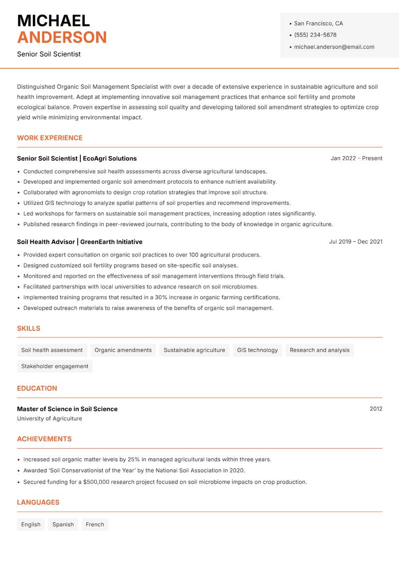 Organic Soil Management Specialist resume template — Modern Professional
