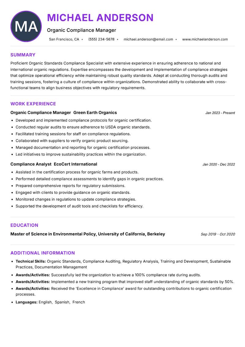 Organic Standards Compliance Specialist resume example — ATS-friendly template