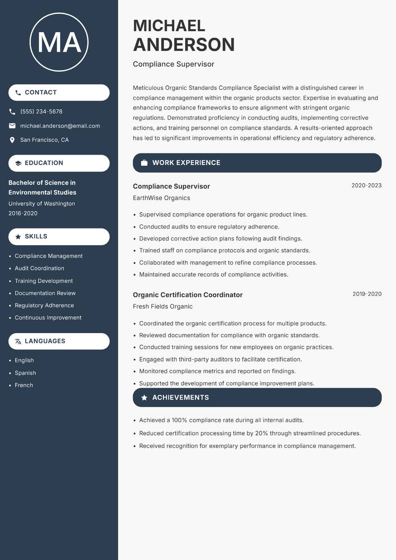 Organic Standards Compliance Specialist resume template — Compact