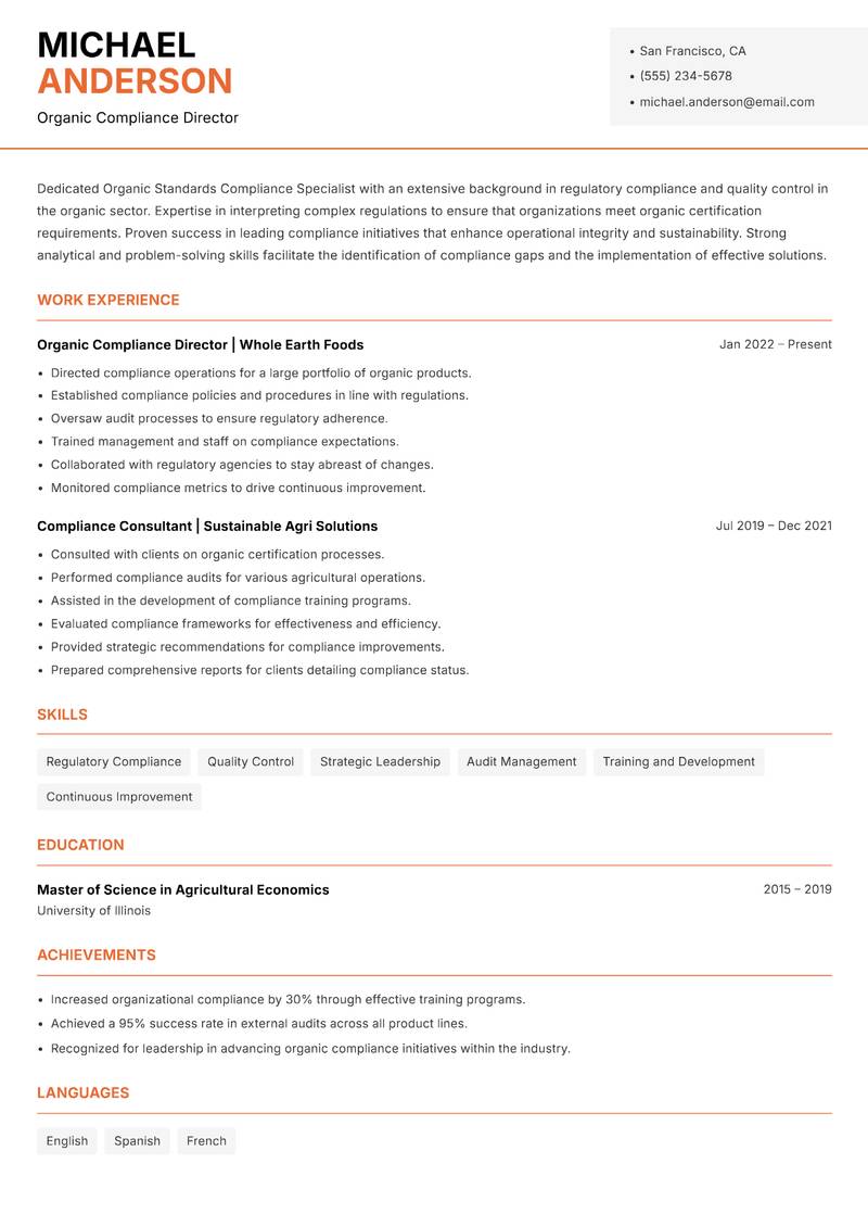 Organic Standards Compliance Specialist resume template — Modern Professional