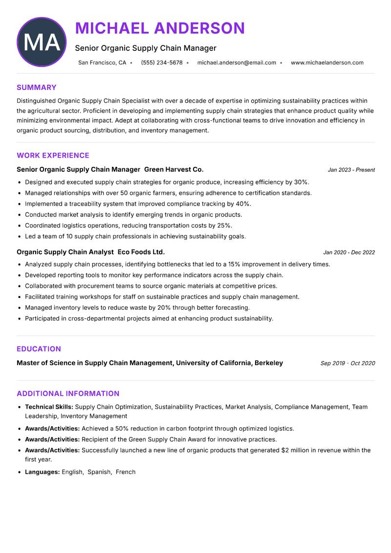Organic Supply Chain Specialist resume example — ATS-friendly template