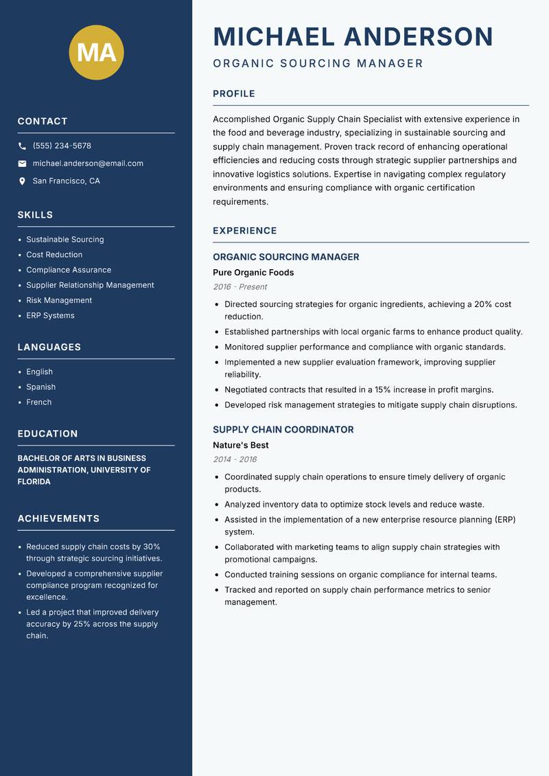 Organic Supply Chain Specialist resume template — Classic Clean