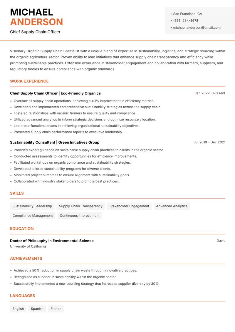 Organic Supply Chain Specialist resume template — Modern Professional