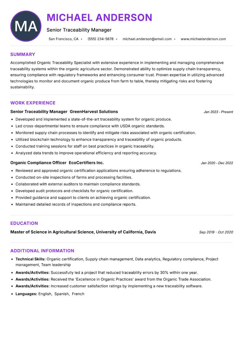 Organic Traceability Specialist resume example — ATS-friendly template