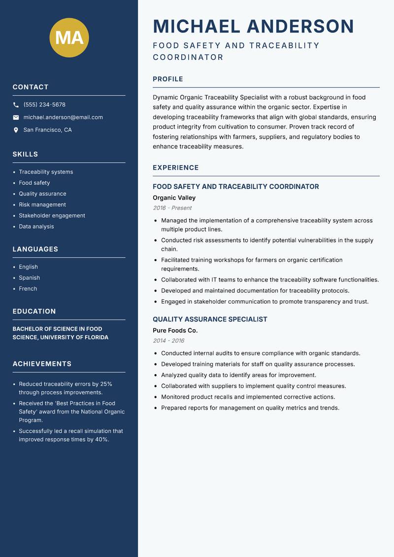 Organic Traceability Specialist resume template — Classic Clean