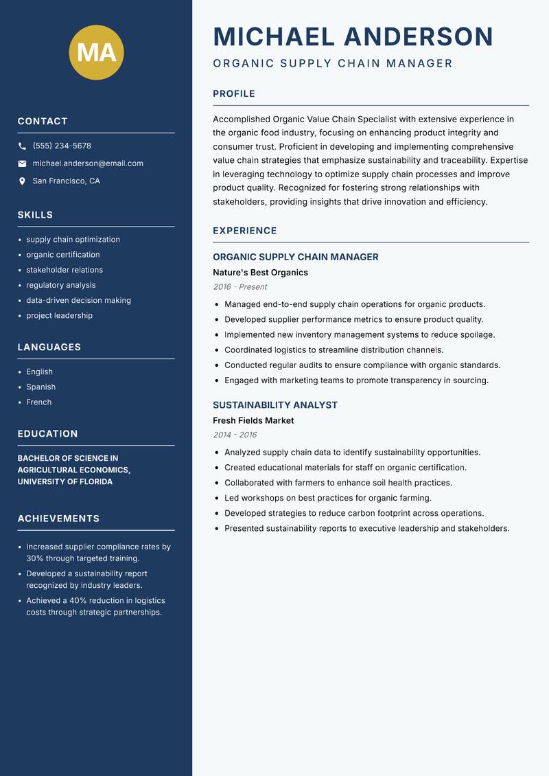 Organic Value Chain Specialist resume template — Classic Clean