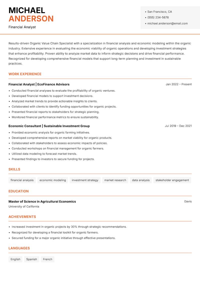 Organic Value Chain Specialist resume template — Modern Professional
