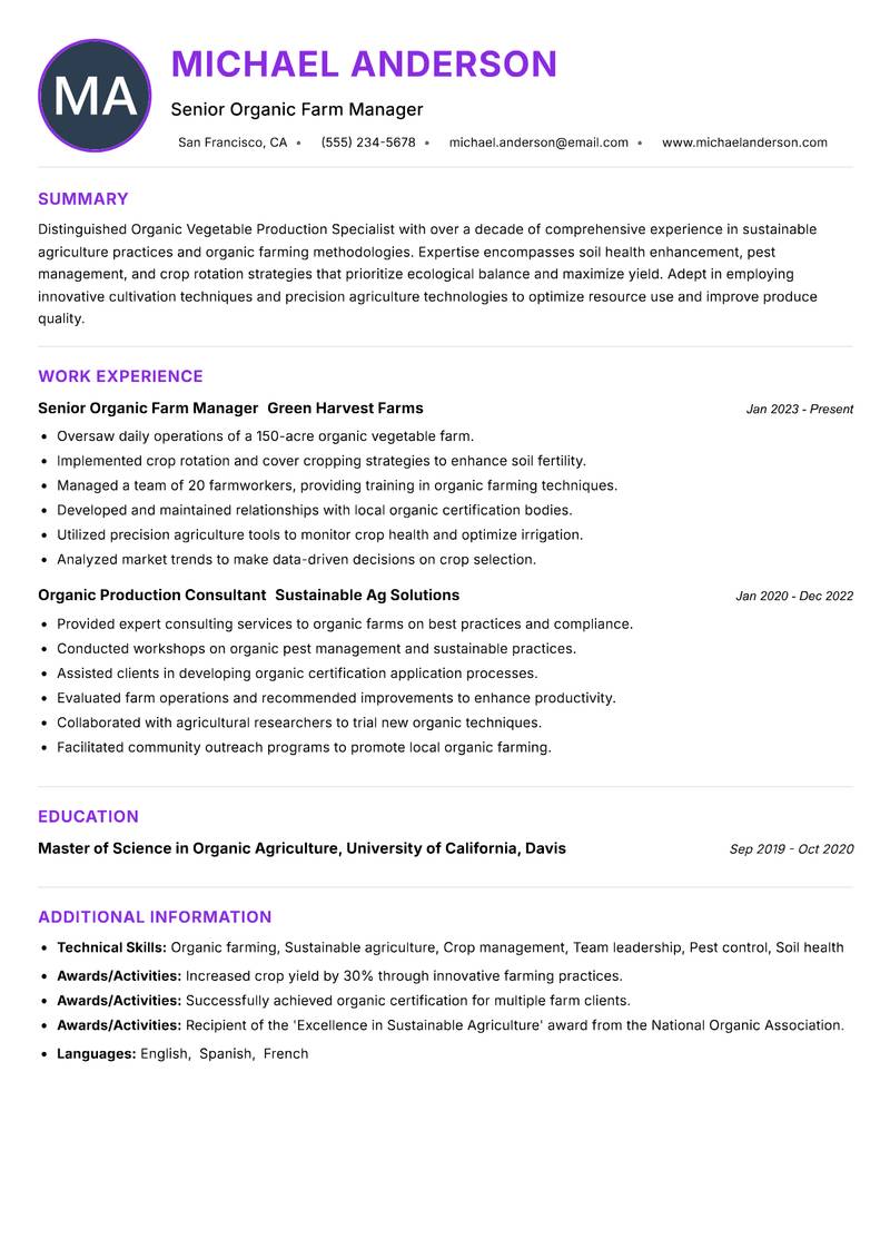 Organic Vegetable Production Specialist resume example — ATS-friendly template