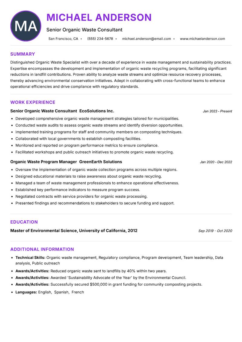 Organic Waste Specialist resume example — ATS-friendly template