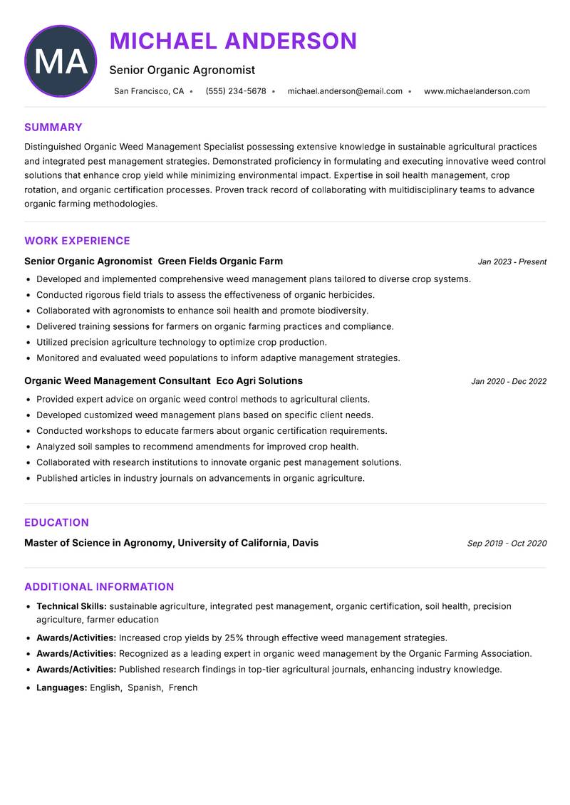 Organic Weed Management Specialist resume example — ATS-friendly template