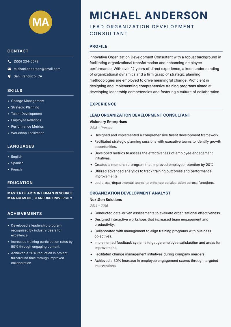 Organization Development Consultant resume template — Classic Clean
