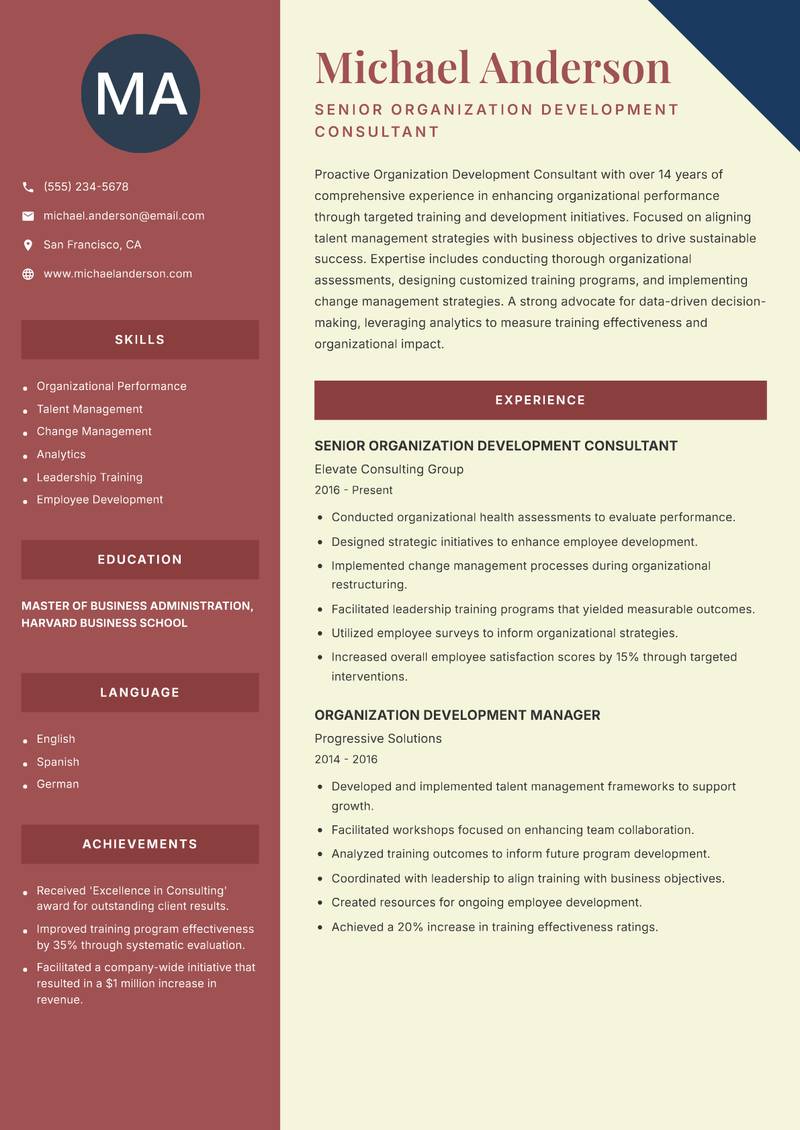 Organization Development Consultant resume template — Two Column