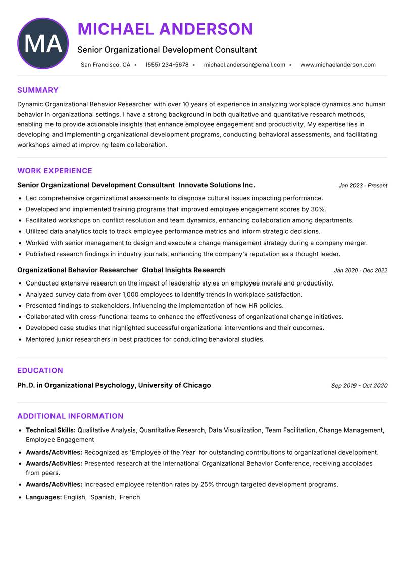 Organizational Behavior Researcher resume example — ATS-friendly template