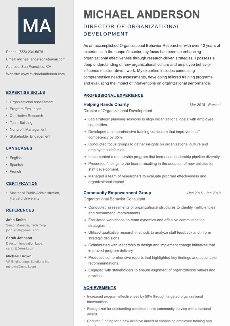 Organizational Behavior Researcher resume template — Creative Minimal