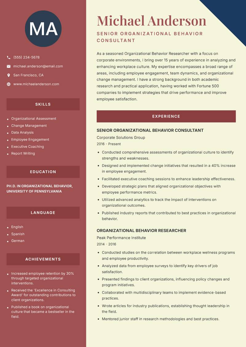 Organizational Behavior Researcher resume template — Two Column