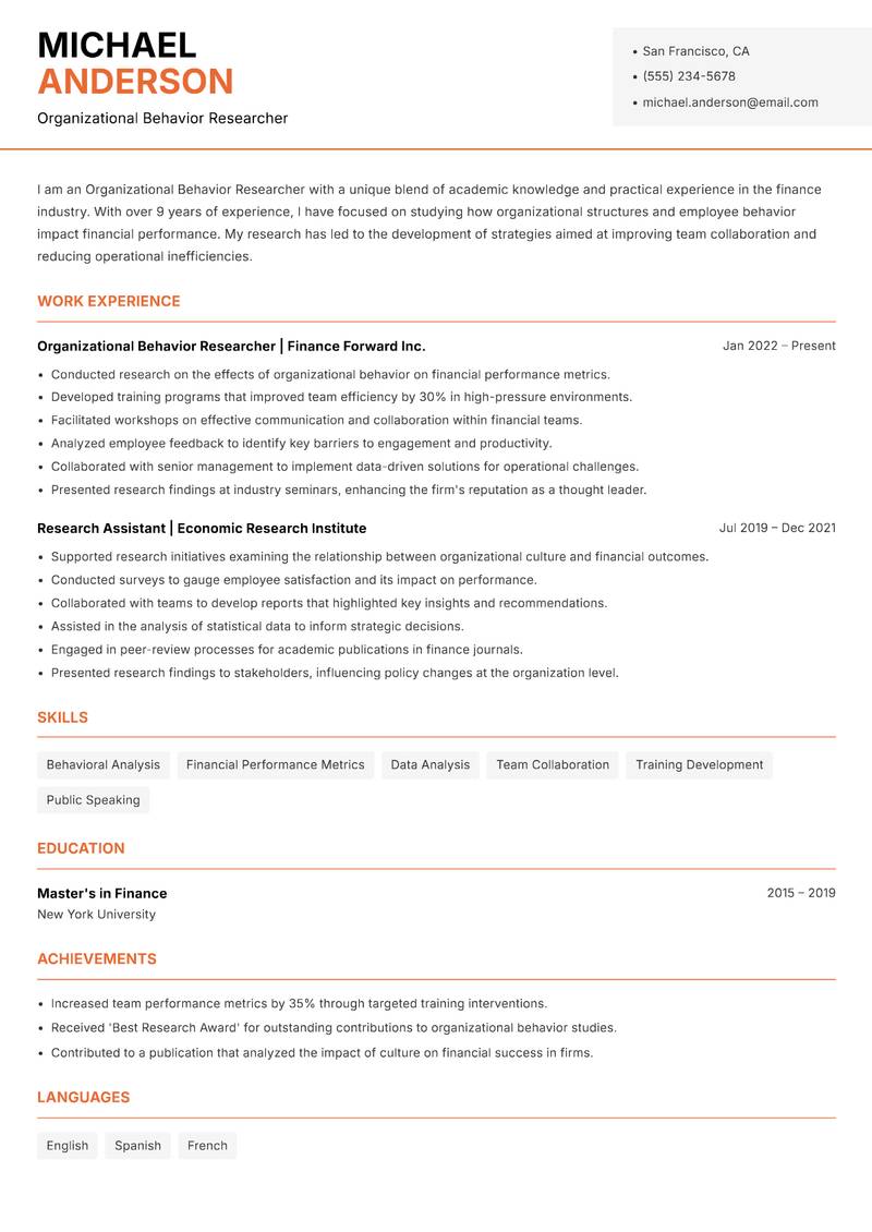 Organizational Behavior Researcher resume template — Modern Professional