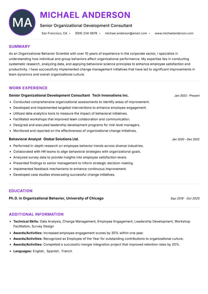 Organizational Behavior Scientist resume example — ATS-friendly template