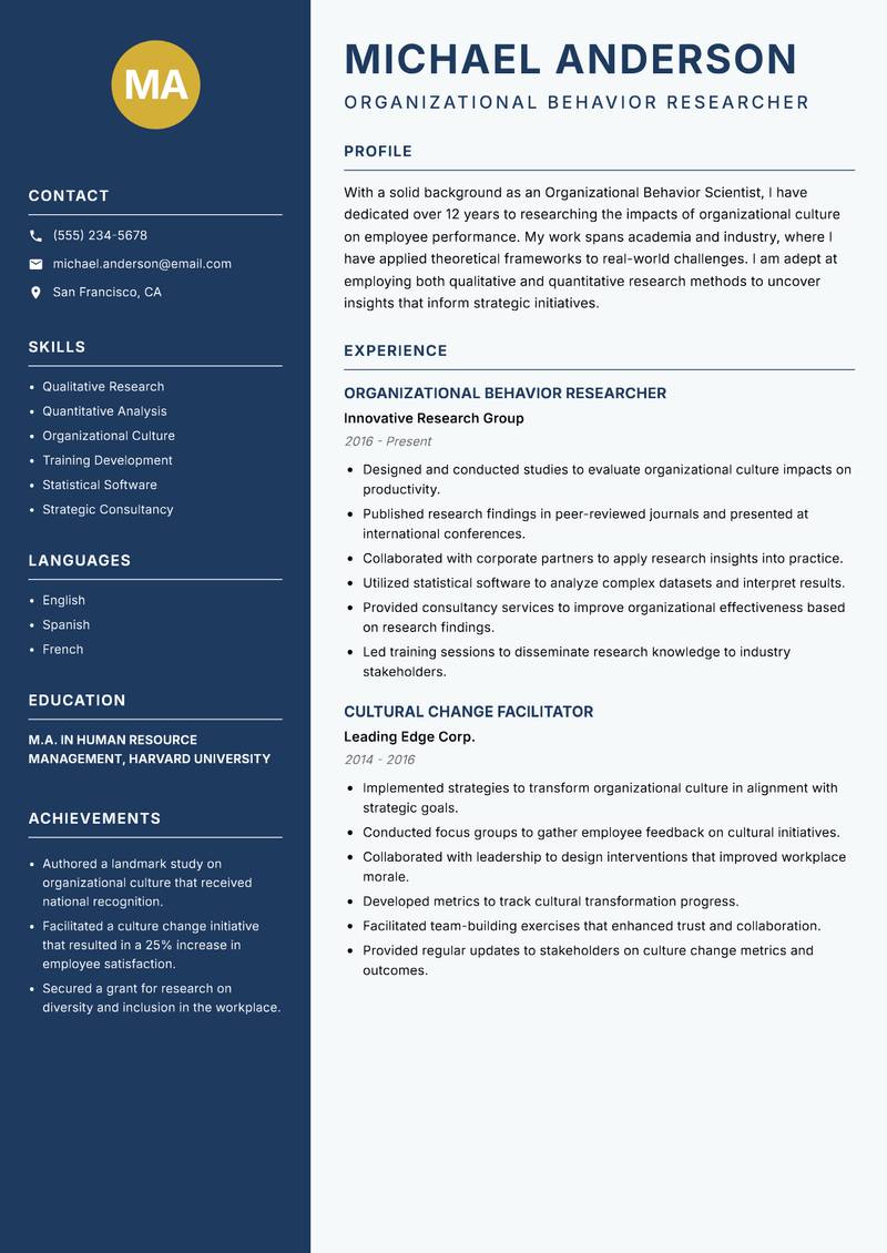 Organizational Behavior Scientist resume template — Classic Clean