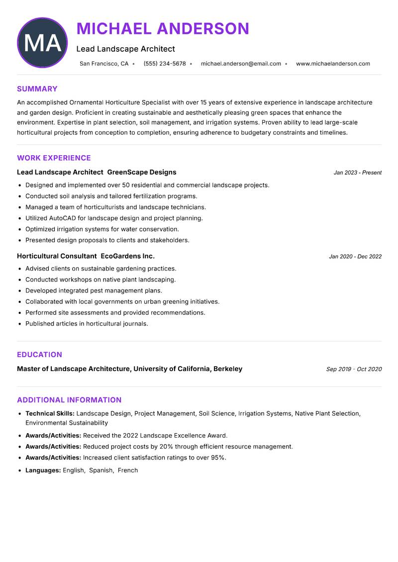 Ornamental Horticulture Specialist resume example — ATS-friendly template