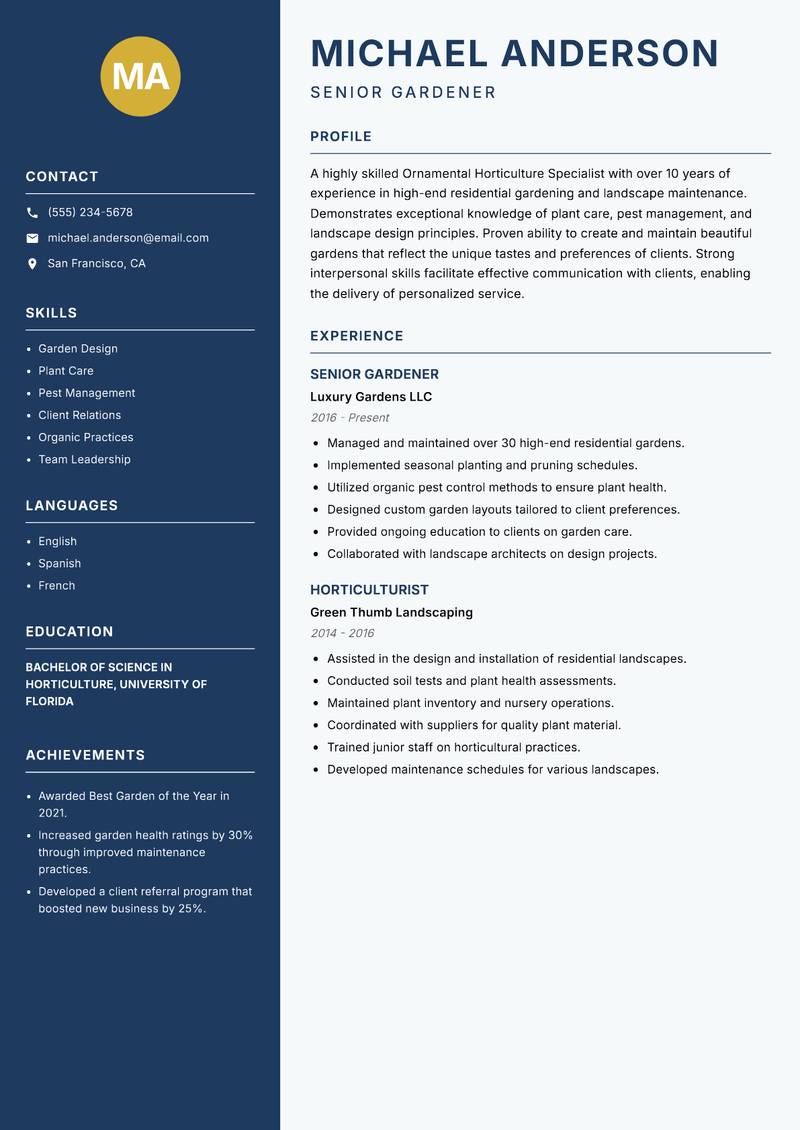 Ornamental Horticulture Specialist resume template — Classic Clean