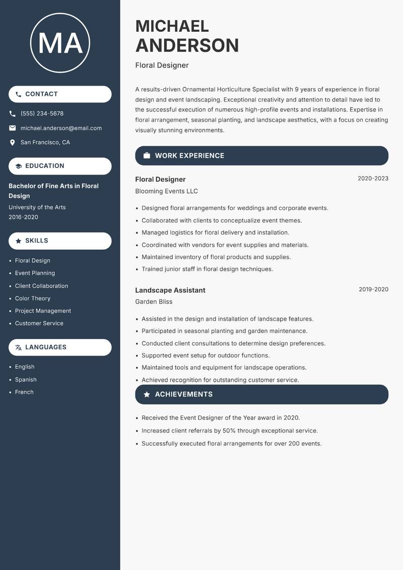 Ornamental Horticulture Specialist resume template — Compact