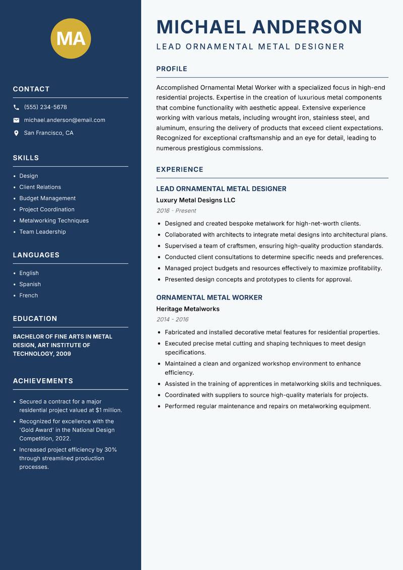 Ornamental Metal Worker resume template — Classic Clean
