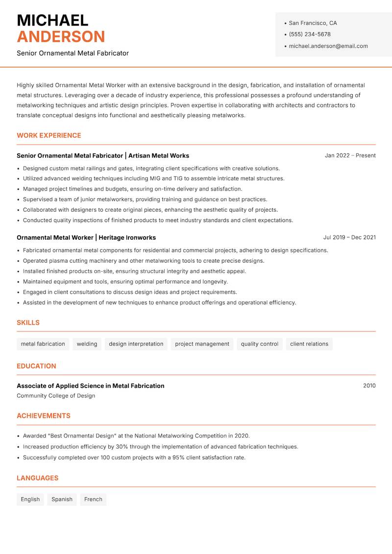Ornamental Metal Worker resume template — Modern Professional