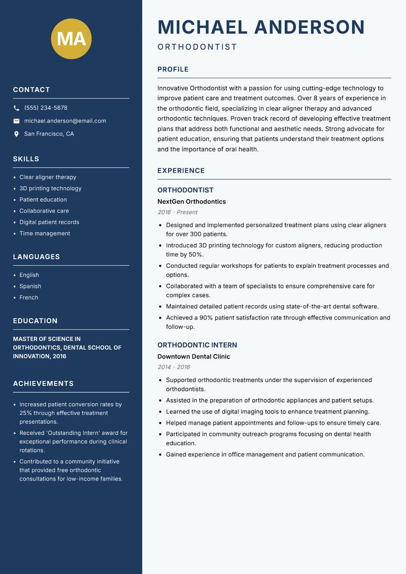 Orthodontist resume template — Classic Clean