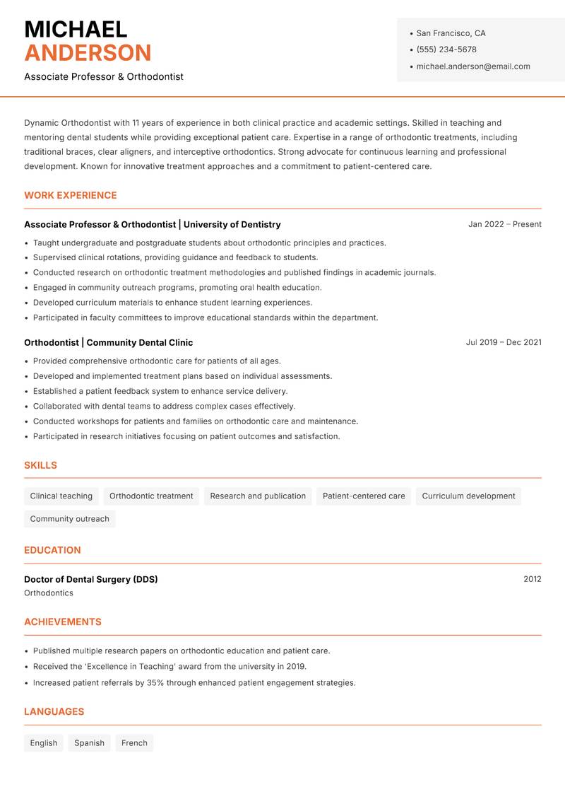 Orthodontist resume template — Modern Professional