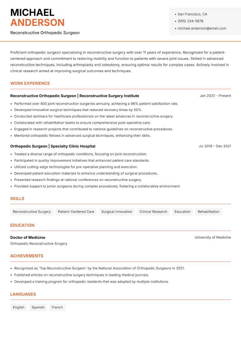 Orthopedic Surgeon resume template — Modern Professional