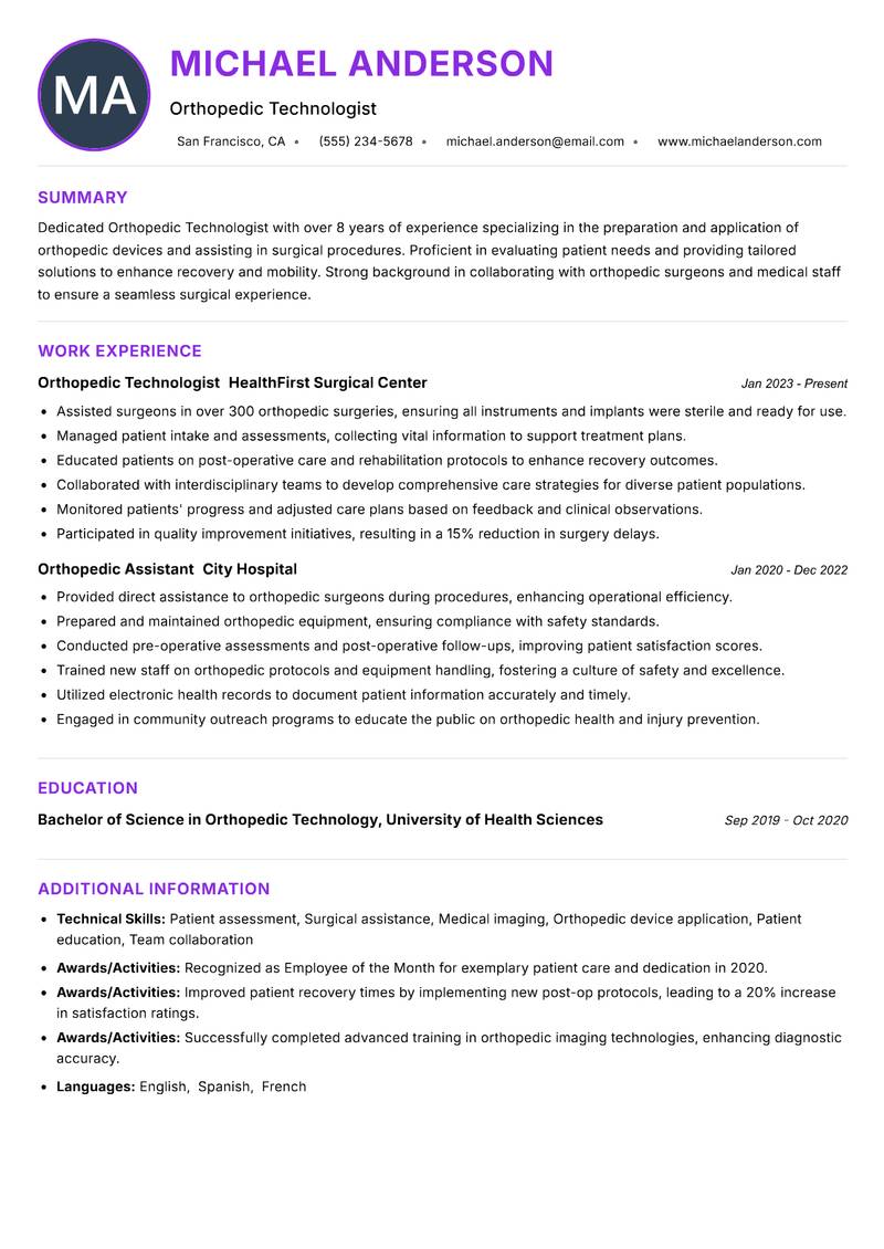 Orthopedic Technologist resume example — ATS-friendly template