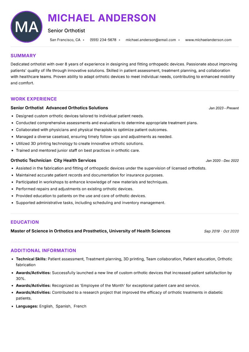 Orthotist resume example — ATS-friendly template