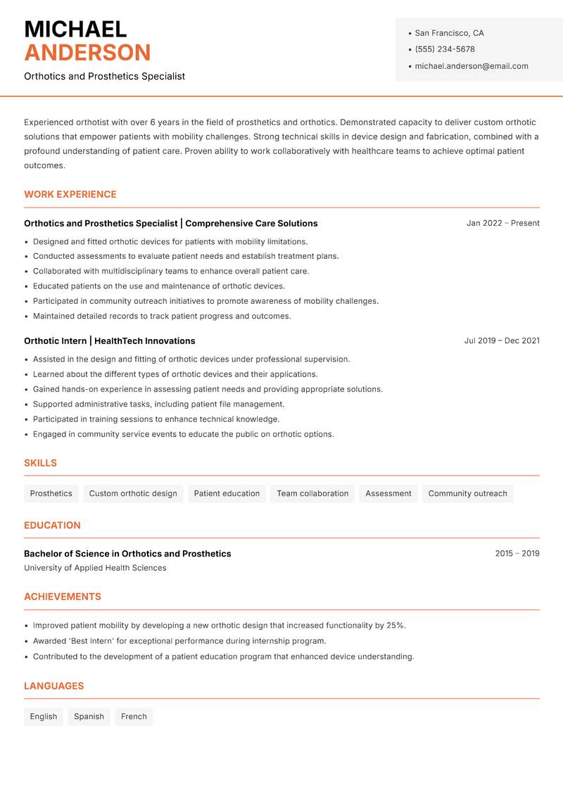 Orthotist resume template — Modern Professional