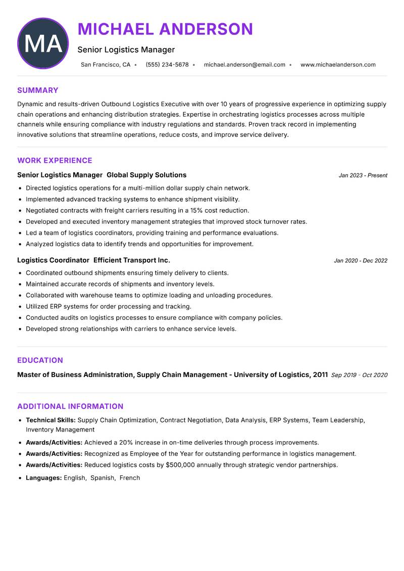 Outbound Logistics Executive resume example — ATS-friendly template