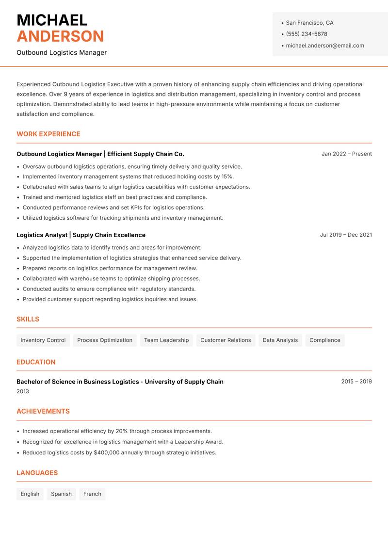 Outbound Logistics Executive resume template — Modern Professional