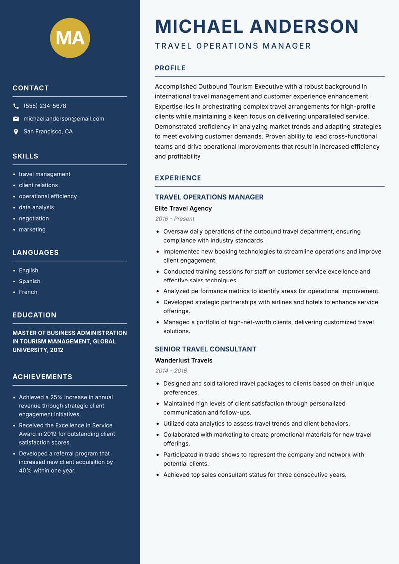 Outbound Tourism Executive resume template — Classic Clean