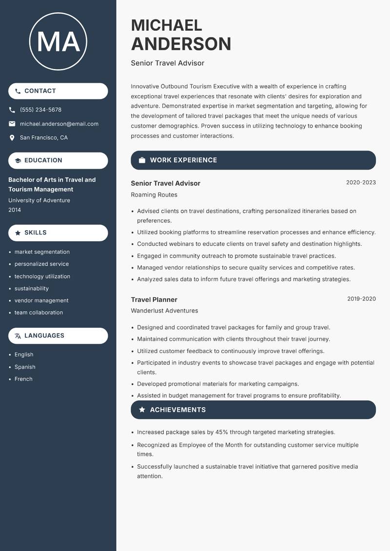 Outbound Tourism Executive resume template — Compact