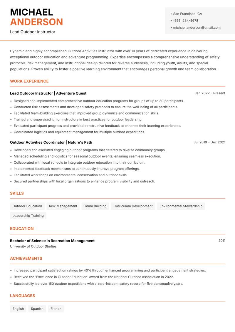 Outdoor Activities Instructor resume template — Modern Professional